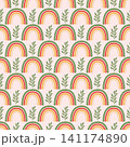 Cute Boho Rainbow and Leaves Seamless Pattern, Pastel Earth Tone Checkered Plaid Alternative Background, Minimalist Botanical Nursery Wallpaper for Kids Fabric Print and Wrap Paper 141174890
