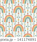 Cute Boho Rainbow and Stars Seamless Pattern, Pastel Earth Tone Vertical Stripes Background, Minimalist Nursery Wallpaper for Kids Fabric Print and Wrap Paper 141174891
