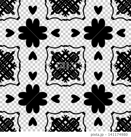 Seamless Black and White Geometric Floral Pattern with Hearts, Hand Drawn Abstract Repeat Background for Textile, Wallpaper and Surface Design Seamless Black and White Geometric Floral Pattern with Hearts, Hand Drawn Abstract Repeat Background for Textile, Wallpaper and Surface Design 141174980