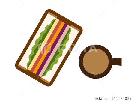 わんぱくサンドとコーヒーのイラスト カフェランチ ボリュームサンド わんぱくサンドとコーヒーのイラスト カフェランチ ボリュームサンド 141175075