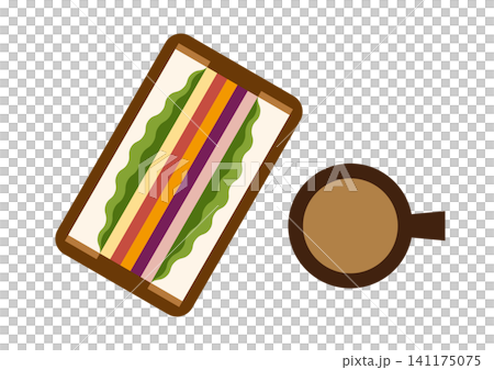 わんぱくサンドとコーヒーのイラスト カフェランチ ボリュームサンド わんぱくサンドとコーヒーのイラスト カフェランチ ボリュームサンド 141175075