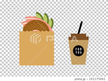 An illustration of a bagel sandwich and takeout coffee in a paper bag. 141175081