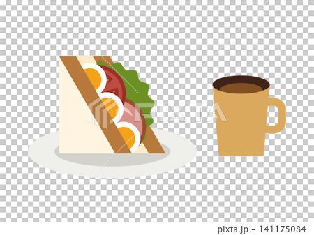 ミックスサンドとコーヒーのイラスト プレート 朝食 カフェ 141175084