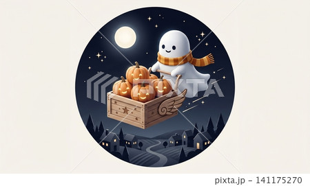 Cute ghost flying in a winged wooden crate filled with jack o' lanterns over a quiet nighttime village Cute ghost flying in a winged wooden crate filled with jack o' lanterns over a quiet nighttime village 141175270
