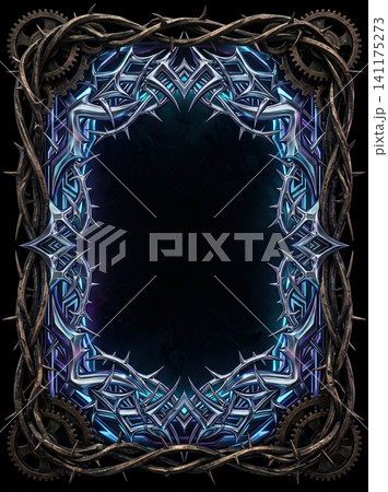 Ornate steampunk frame featuring sharp metallic thorns and intricate mechanical bronze gear accents 141175273