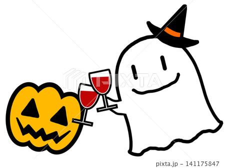 ハロウィンの可愛いオバケとジャック・オー・ランタンが乾杯しているイラスト素材 141175847