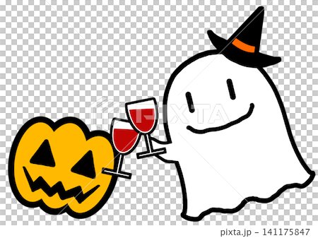 ハロウィンの可愛いオバケとジャック・オー・ランタンが乾杯しているイラスト素材 141175847