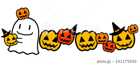 イラスト素材、ハロウィンの可愛いオバケとジャック・オー・ランタンの行進 イラスト素材、ハロウィンの可愛いオバケとジャック・オー・ランタンの行進 141175850