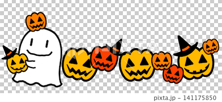 イラスト素材、ハロウィンの可愛いオバケとジャック・オー・ランタンの行進 イラスト素材、ハロウィンの可愛いオバケとジャック・オー・ランタンの行進 141175850