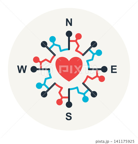 Compass icon with a central heart and interconnected multi-nodal network lines, representing strategic planning and global connectivity. Compass icon with a central heart and interconnected multi-nodal network lines, representing strategic planning and global connectivity. 141175925
