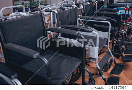 Empty wheelchairs at the hospital. Empty wheelchairs at the hospital. 141175944