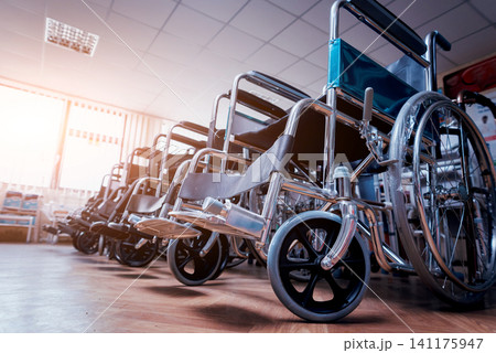 Empty wheelchairs at the hospital. Empty wheelchairs at the hospital. 141175947
