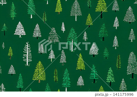 Holiday background. Seamless pattern. Green Christmas trees. Minimalist style. Hand drawn. 141175996