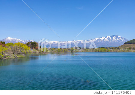 岩手県岩手郡雫石町 雫石川のダム湖の御所湖にかかる元御所橋から青い湖面越しの残雪の岩手山と高倉山 岩手県岩手郡雫石町 雫石川のダム湖の御所湖にかかる元御所橋から青い湖面越しの残雪の岩手山と高倉山 141176403