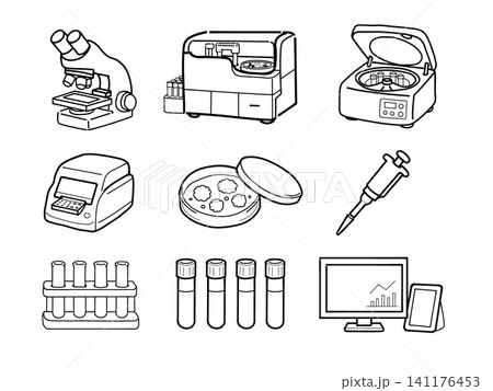 臨床検査・研究室の機器と器具のイラストセット(手描き線画) 臨床検査・研究室の機器と器具のイラストセット(手描き線画) 141176453