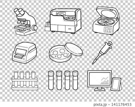 臨床検査・研究室の機器と器具のイラストセット(手描き線画) 臨床検査・研究室の機器と器具のイラストセット(手描き線画) 141176453
