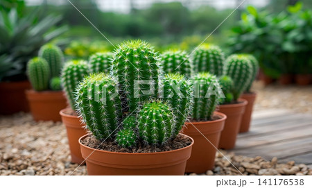 Potted green cactus succulents thriving in a greenhouse nursery Potted green cactus succulents thriving in a greenhouse nursery 141176538