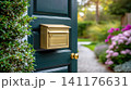 Brass mailbox on green front door opening to garden path 141176631