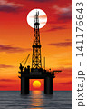 Offshore oil rig drilling platform at sunset 141176643