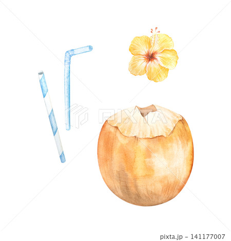 Watercolor illustration of a tropical coconut cocktail with a straw. Coconut water on the beach, while traveling, or on vacation. Hand-drawn summer yellow hibiscus flower. Suitable for design, print 141177007