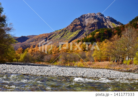 紅葉の上高地から望む秋の焼岳 紅葉の上高地から望む秋の焼岳 141177333