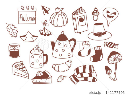 Autumn Doodle Elements Set, Fall Cozy Objects with Pumpkin, Teapot, Mug, Pie, Croissant and Book, Scarf, Socks, Mushrooms, Acorn and Candle, Isolated Hand Drawn. Vector Illustration. Autumn Doodle Elements Set, Fall Cozy Objects with Pumpkin, Teapot, Mug, Pie, Croissant and Book, Scarf, Socks, Mushrooms, Acorn and Candle, Isolated Hand Drawn. Vector Illustration. 141177393