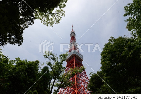Famous Tokyo Tower Rising Above the Modern City Skyline in Tokyo, Japan 141177543