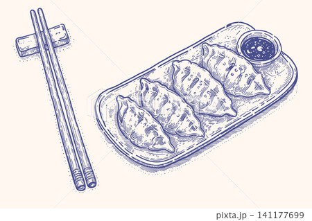 Blue Dumplings on Plate with Chopsticks and Sauce Vintage Engraving Blue Dumplings on Plate with Chopsticks and Sauce Vintage Engraving 141177699