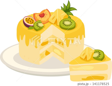 Pineapple Kiwi Passion Fruit Cake with Cream Layers and Yellow Glaze Illustration 141178525