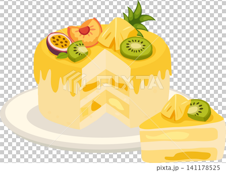 Pineapple Kiwi Passion Fruit Cake with Cream Layers and Yellow Glaze Illustration 141178525