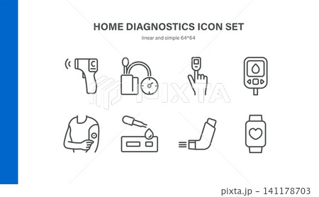 Simple Set of Home Diagnostics Related Vector Line Icons. Contains such Icons as Thermometer, Blood Pressure Monitor, Pulse Oximeter, Glucose Meter, Inhaler and more. Editable Stroke. Pixel Perfect Ve 141178703