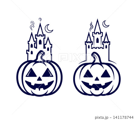 Halloween Pumpkin With Haunted Castle Illustration Halloween Pumpkin With Haunted Castle Illustration 141178744