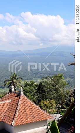 Terracotta roof with palm trees above lush tropical valley, village hillside, distant mountains, blue sky and soft clouds, capturing warm island landscape and traditional charm 141180016