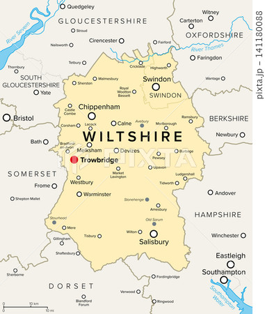 Wiltshire, ceremonial county in South West England, UK, political map, with county town Trowbridge and largest settlements Swindon and Salisbury. Noted for Stonehenge and Avebury stone circles. Vector Wiltshire, ceremonial county in South West England, UK, political map, with county town Trowbridge and largest settlements Swindon and Salisbury. Noted for Stonehenge and Avebury stone circles. Vector 141180088