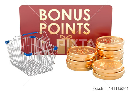 Bonus points loyalty card with shopping cart and gold reward coins. 3D rendering 141180241