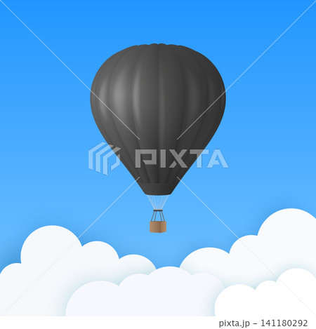 Vector Travel Banner with 3d Realistic Black Hot Air Balloon Icon on a Blue Sky Background. Design Template, Summer Vacation, Travelling, Tourism and Journey Concept Vector Travel Banner with 3d Realistic Black Hot Air Balloon Icon on a Blue Sky Background. Design Template, Summer Vacation, Travelling, Tourism and Journey Concept 141180292