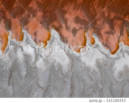 An aerial view shows the vibrant red Great Salt Lake textures 141180353