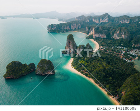 Aerial panorama of Railay Beach with towering limestone karsts a Aerial panorama of Railay Beach with towering limestone karsts a 141180608