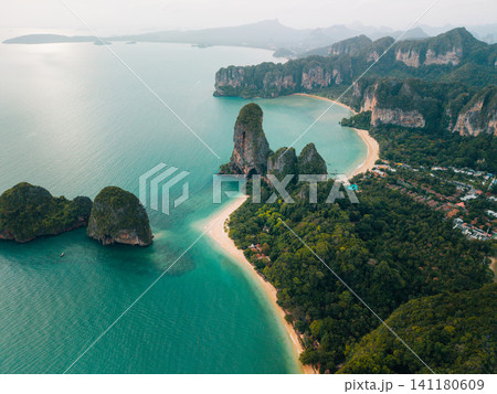 Aerial panorama of Railay Beach with towering limestone karsts a Aerial panorama of Railay Beach with towering limestone karsts a 141180609