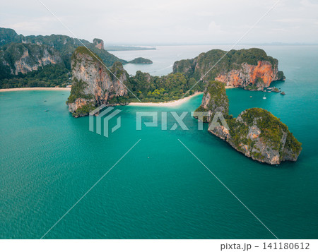 Aerial view of a beautiful sandy isthmus connecting limestone ka Aerial view of a beautiful sandy isthmus connecting limestone ka 141180612