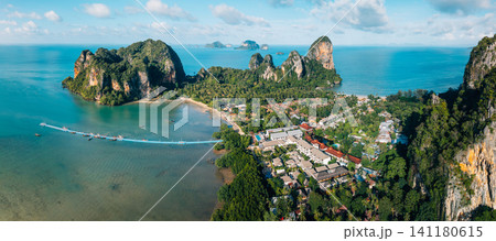 Wide aerial panorama of Railay East Bay with floating pier and t Wide aerial panorama of Railay East Bay with floating pier and t 141180615