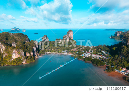 Drone view of Railay East pier and luxury resorts nestled in lim Drone view of Railay East pier and luxury resorts nestled in lim 141180617