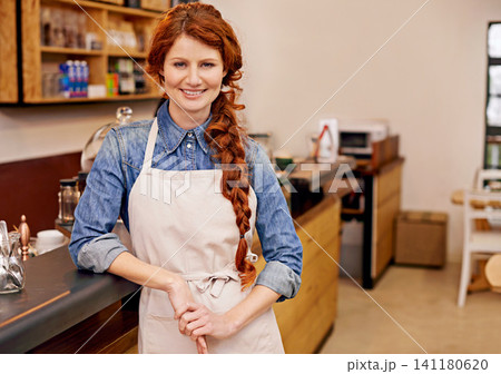 Barista, woman and happy in portrait at coffee shop for career, pride or entrepreneurship. Person, waitress or small business owner at cafe with confidence for service, catering and smile in Dublin Barista, woman and happy in portrait at coffee shop for career, pride or entrepreneurship. Person, waitress or small business owner at cafe with confidence for service, catering and smile in Dublin 141180620