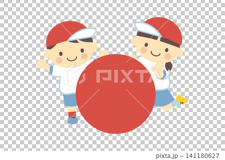 在學校運動會上,紅隊的一男一女正在滾動一個巨大的球。 在學校運動會上,紅隊的一男一女正在滾動一個巨大的球。 141180627