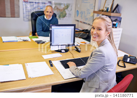 Business people, desk and coworking portrait with office administrator and woman employee at company. Assistant, computer and professional worker with staff and online at a startup with technology Business people, desk and coworking portrait with office administrator and woman employee at company. Assistant, computer and professional worker with staff and online at a startup with technology 141180771