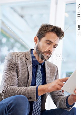 Business man, tablet and online in office with digital calendar, planning app and research for project. Reading, electronic contract and search the internet with browsing, info and agenda with tech 141180805