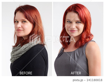 Transformation, hair and portrait for woman, red and style, keratin treatment for wash. Model, attractive and smile for healthy strand before and after, shampoo and conditioner for color in studio Transformation, hair and portrait for woman, red and style, keratin treatment for wash. Model, attractive and smile for healthy strand before and after, shampoo and conditioner for color in studio 141180818