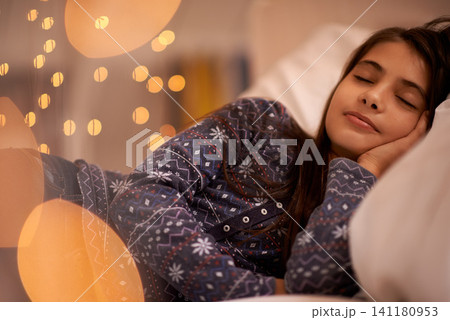 Child, sleeping and bed for dream, tired and rest for young and growing up for adolescent indoor. Girl or kid with pajamas and laying with pillow for exhausted in house for peace and calm on bokeh Child, sleeping and bed for dream, tired and rest for young and growing up for adolescent indoor. Girl or kid with pajamas and laying with pillow for exhausted in house for peace and calm on bokeh 141180953