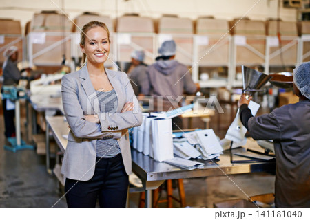 Woman, portrait and warehouse teamwork for packaging production with workers, distribution or shipping. Female person, face and factory manufacturing for parcel logistics, industrial or wholesale Woman, portrait and warehouse teamwork for packaging production with workers, distribution or shipping. Female person, face and factory manufacturing for parcel logistics, industrial or wholesale 141181040