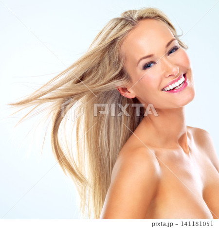 Hair, laugh and portrait of woman for care, treatment and blow dry for cosmetology on white background. Female person, lady and hairstyle for shampoo, hairdressing or brushing on studio backdrop Hair, laugh and portrait of woman for care, treatment and blow dry for cosmetology on white background. Female person, lady and hairstyle for shampoo, hairdressing or brushing on studio backdrop 141181051